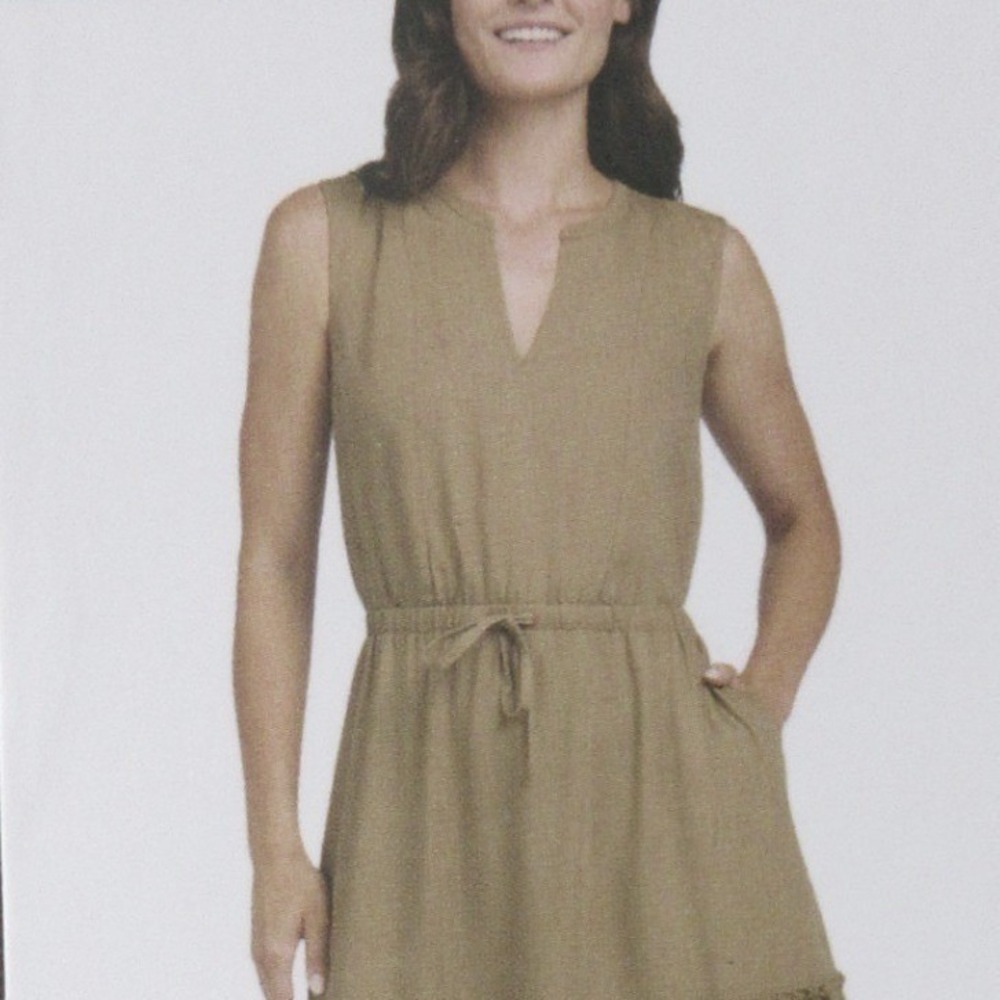 LANDS' END V-Neck Sleeveless Tiered Midi Dress Sz L Tan Khaki Beige Pockets NWT